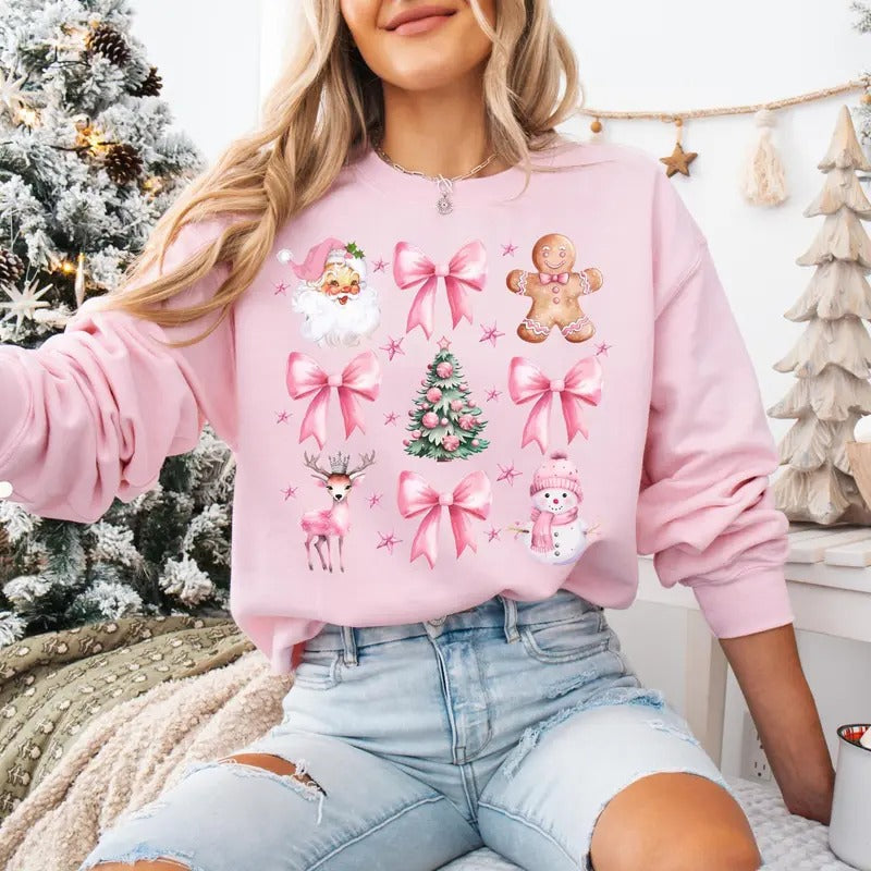Coquette Pretty Pink Bows Santas Gingerbread Festive Soft Girl Cotton Womenswear T-Shirts, Hoodie, Sweatshirt - T-Shirt, Sweatshirt, Hoodie