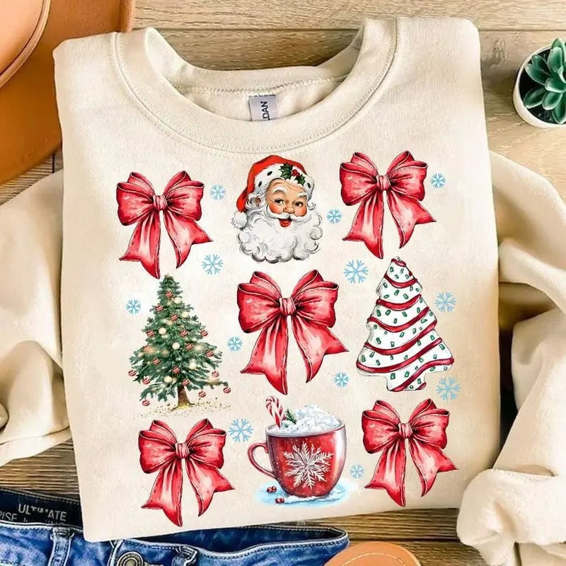 Coquette Coquette Bow Santa Shirt Bow Santa Hot Cocoa Candy Cane Tree Cake Girly Xmas Shirt Vintage Winter Shirt T-Shirts, Hoodie, Sweatshirt - T-Shirt, Sweatshirt, Hoodie