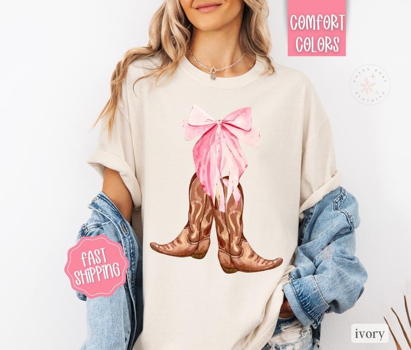 Coquette Cowgirl Boot Shirt Comfort Colors Cowgirl Country Music Bow T-Shirts, Hoodie, Sweatshirt - T-Shirt, Sweatshirt, Hoodie