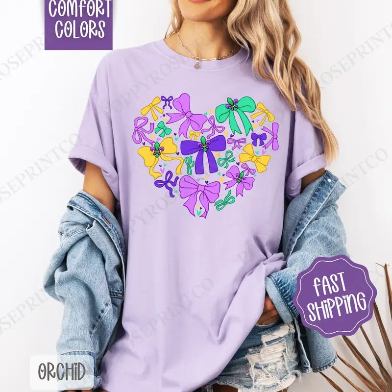 Coquette Mardi Gras Heart Comfort Colors Shirt Mardi Gras Bows Louisiana T-Shirts, Hoodie, Sweatshirt - T-Shirt, Sweatshirt, Hoodie