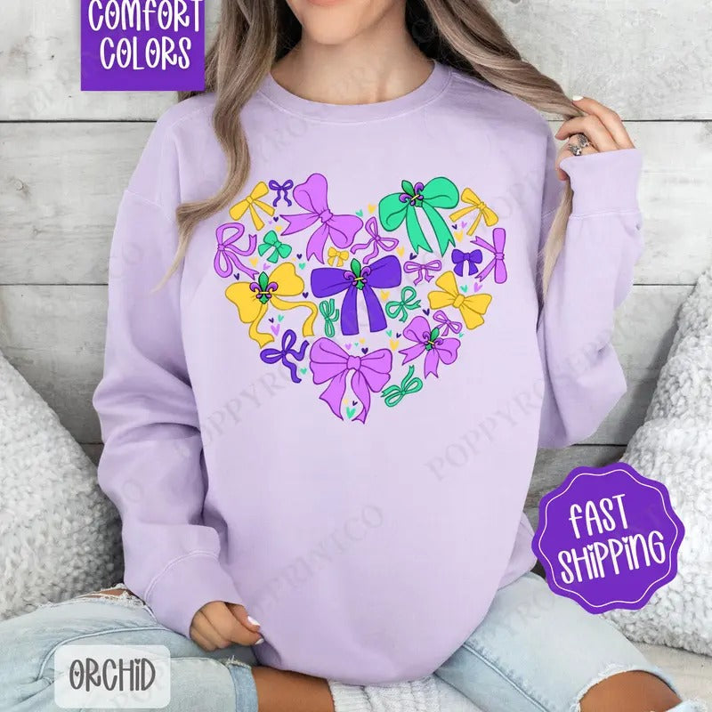 Coquette Mardi Gras Heart Comfort Colors Mardi Gras Bows T-Shirts, Hoodie, Sweatshirt - T-Shirt, Sweatshirt, Hoodie