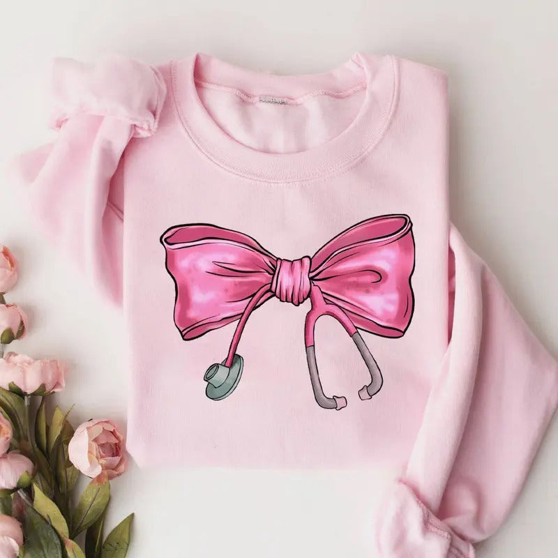 Coquette Nurse Stethoscope Bow Pink Bow Nurse Nurse Shirt Nurse ER RN Nurse Appreciation Shirt Nurse Bow Shirt Coquette Nurse Shirt Nurse Ribbon Shirt T-Shirts, Hoodie, Sweatshirt - T-Shirt, Sweatshirt, Hoodie