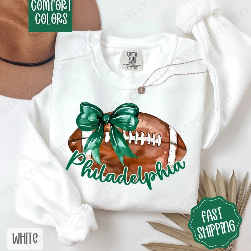 Coquette Philadelphia Football Bow Comfort Colors St Patrick'S Day Cute T-Shirts, Hoodie, Sweatshirt - T-Shirt, Sweatshirt, Hoodie