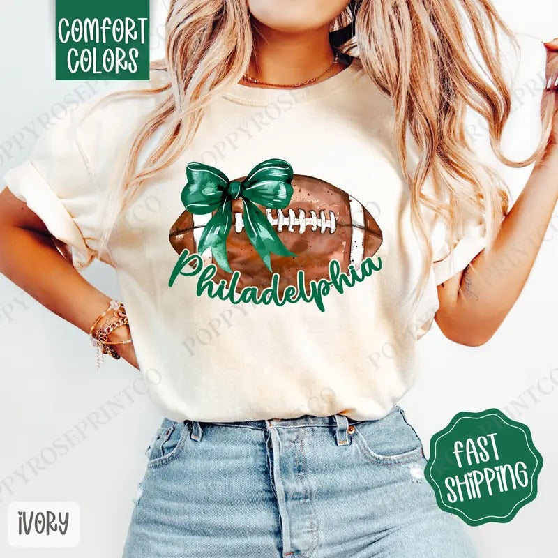 Coquette Philadelphia Football Bow Shirt Comfort Colors Football Fall Womenswear T-Shirts, Hoodie, Sweatshirt - T-Shirt, Sweatshirt, Hoodie