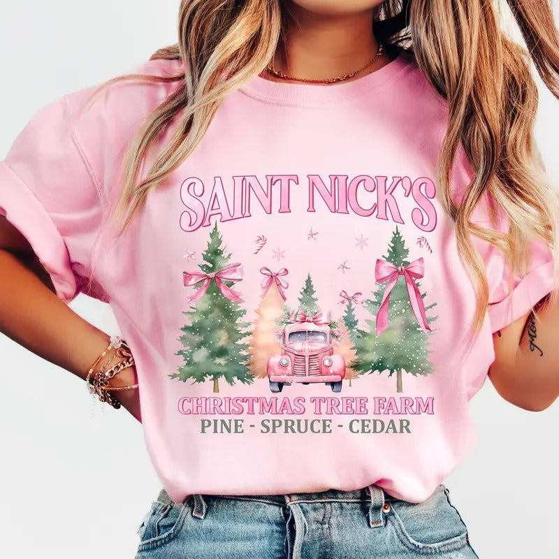 Coquette Pink Shirt Saint Nicks Tree Farm Pink Bow Shirt Santa Cotton Fabric T-Shirts, Hoodie, Sweatshirt - T-Shirt, Sweatshirt, Hoodie