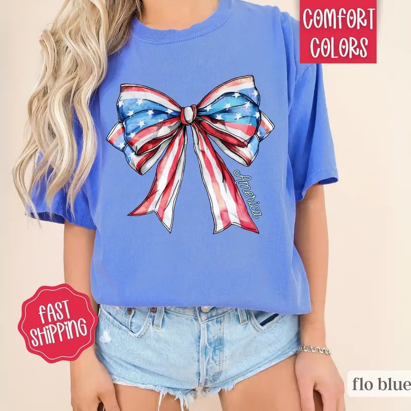 Coquette USA Bow Shirt Comfort Colors America Shirt July 4th Memorial Day Shirt USA Shirt Election Shirt Patriotic Bow Shirt T-Shirts, Hoodie, Sweatshirt - T-Shirt, Sweatshirt, Hoodie