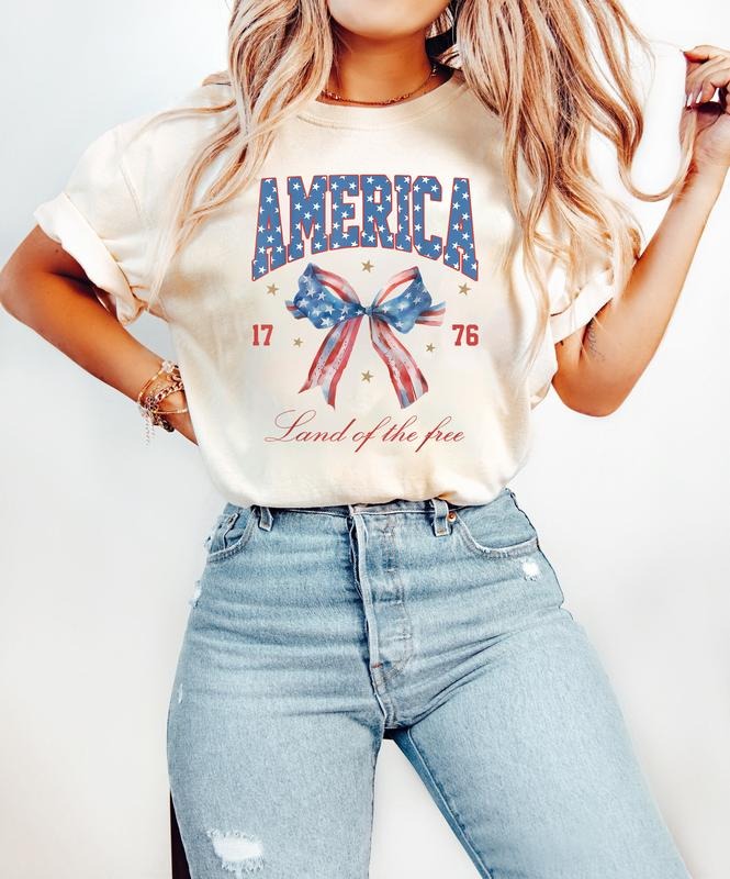 Coquette USA Bow Shirt Summer BBQ Shirt American Land Free Red White Blue Fourth July Shirt USA 4th July Shirt T-Shirts, Hoodie, Sweatshirt - T-Shirt, Sweatshirt, Hoodie