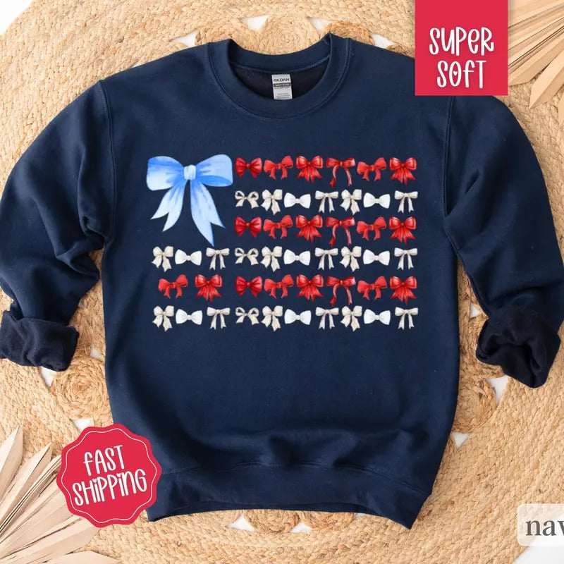 Coquette USA Bow Flag Patriotic Shirt July 4th Red White Blue Bow T-Shirts, Hoodie, Sweatshirt - T-Shirt, Sweatshirt, Hoodie
