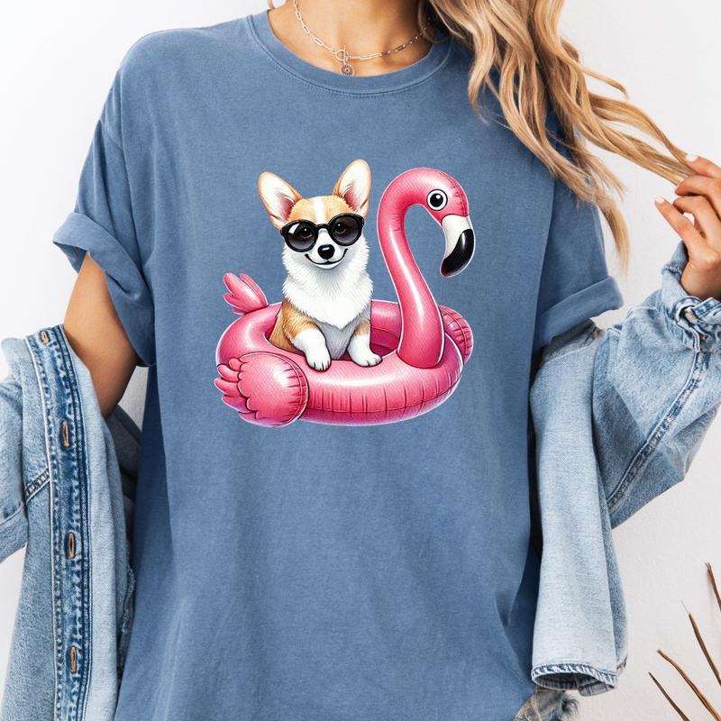 Corgi Flamingo Float Dog Shirt ~ Relaxed Fit Printed USA Womenswear Casual Comfort Cotton Top Athletic Boho Chic T-Shirts, Hoodie, Sweatshirt - T-Shirt, Sweatshirt, Hoodie