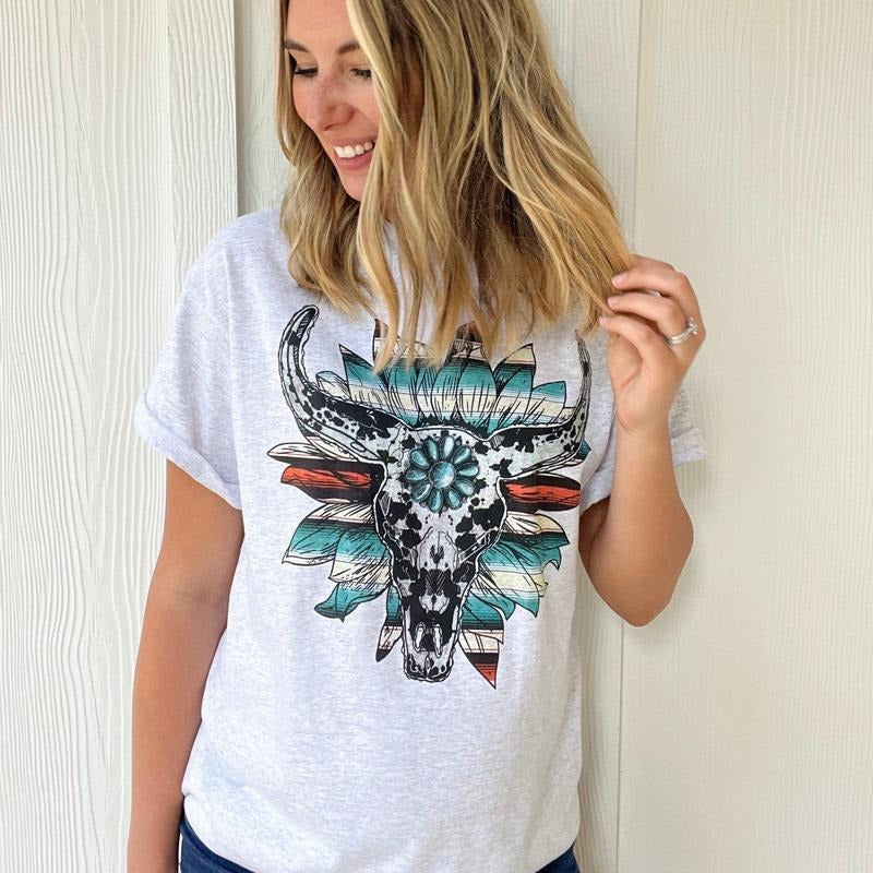 Cow Print Serape Turquoise Bullskull Flower T-Shirts, Hoodie, Sweatshirt - T-Shirt, Sweatshirt, Hoodie