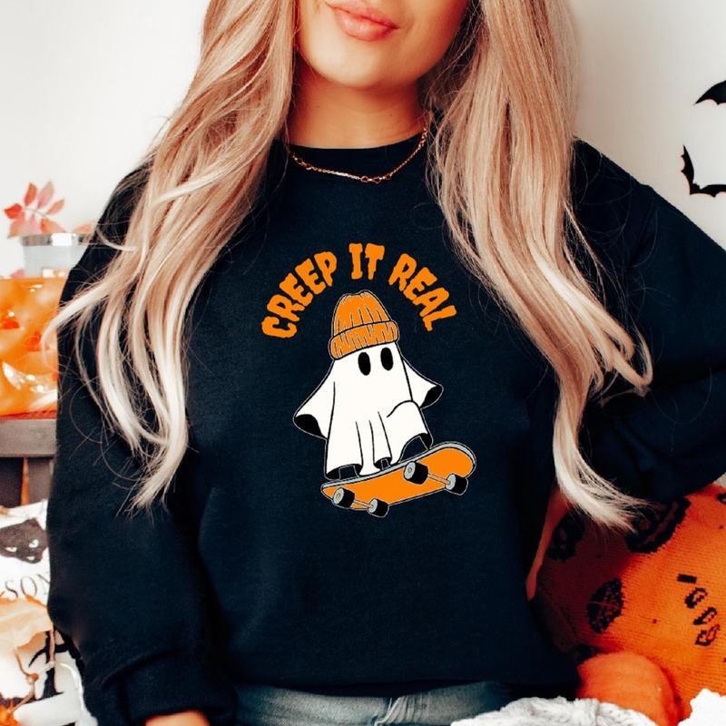 Creep Real Cute Ghost Halloween Spooky Season Skating Ghost Fall T-Shirts, Hoodie, Sweatshirt - T-Shirt, Sweatshirt, Hoodie