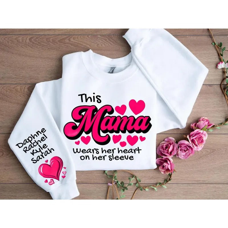 Custom Heart Her Sleeve Mothers Valentine Mama Shirt Vday Her Mom Shirt T-Shirts, Hoodie, Sweatshirt - T-Shirt, Sweatshirt, Hoodie