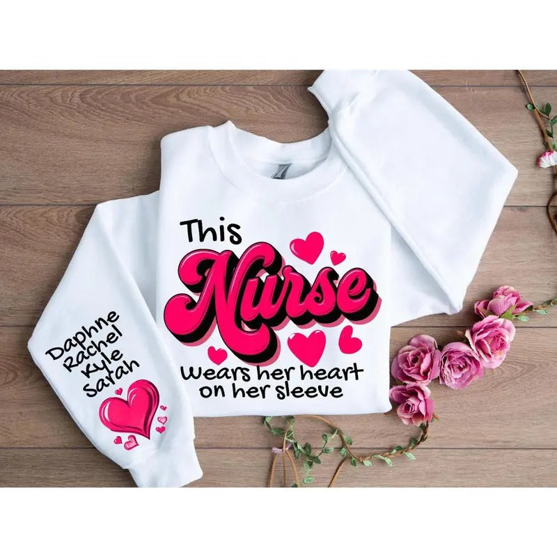 Custom Heart Her Sleeve Nurse Valentine Nurse Shirt Vday Her Medical Nurse Shirt T-Shirts, Hoodie, Sweatshirt - T-Shirt, Sweatshirt, Hoodie