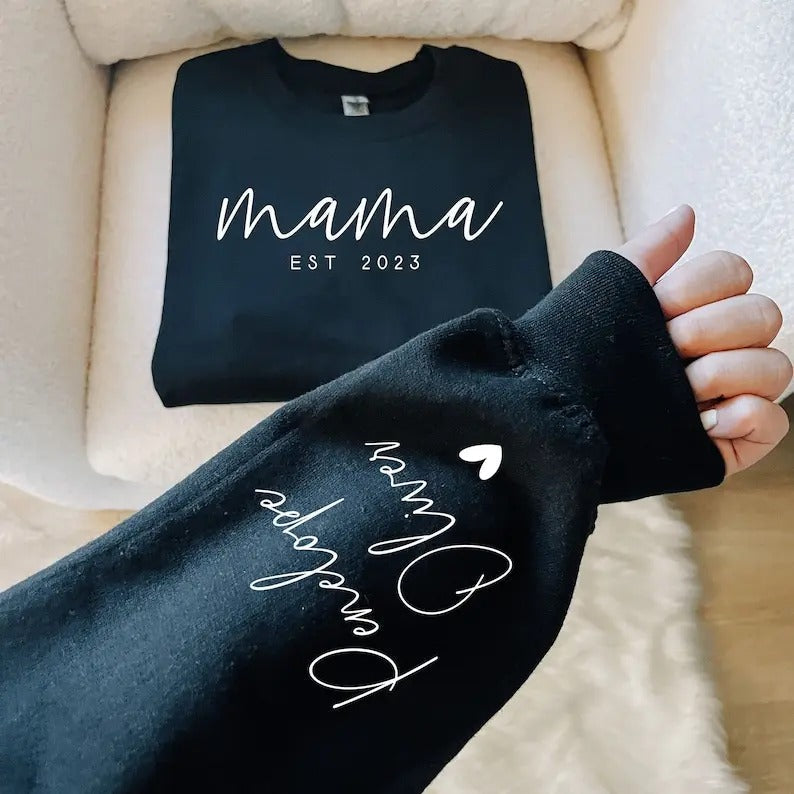 Custom Mama Date Children Name Sleeve Mama Minimalist Mama Mom ; Cotton Menswear Polyester Tops Underwear T-Shirts, Hoodie, Sweatshirt - T-Shirt, Sweatshirt, Hoodie
