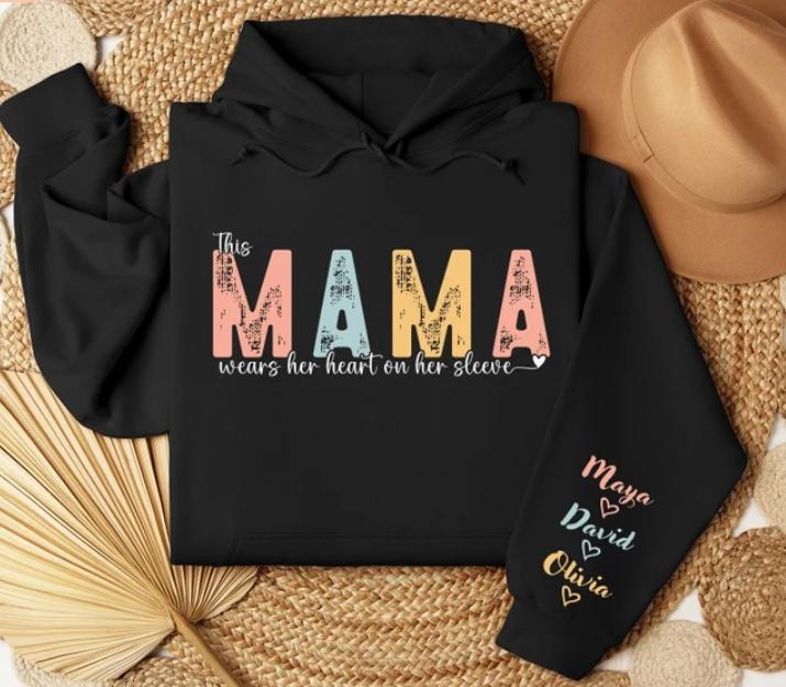 Custom Mama This Mama Wears Her Heart Her Sleeve Custom Personalized Mama T-Shirts, Hoodie, Sweatshirt - T-Shirt, Sweatshirt, Hoodie