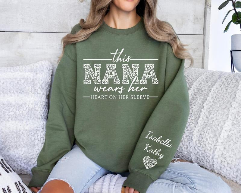 Custom Nana Name Sleeve Nana Custom Grandma Nana This Nana Wears Her Heart Her Sleeve T-Shirts, Hoodie, Sweatshirt - T-Shirt, Sweatshirt, Hoodie