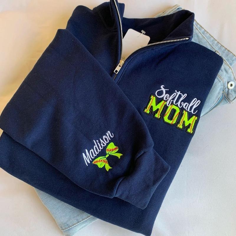 Custom Softball Mom Kid Name Sleeve Personalized Softball Mama Shirt Game Day Softball Season Zip Up Baseball Mom T-Shirts, Hoodie, Sweatshirt - T-Shirt, Sweatshirt, Hoodie