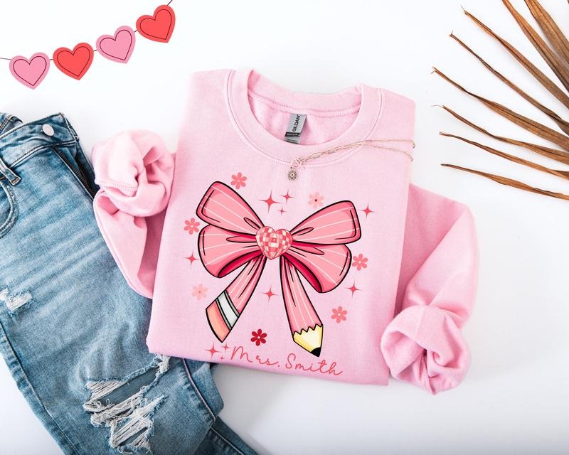 Custom Teacher Coquette Bow Custom Teacher Name Shirt Teacher Appreciation Cute Teacher Valentines Shirt Back School T-Shirts, Hoodie, Sweatshirt - T-Shirt, Sweatshirt, Hoodie