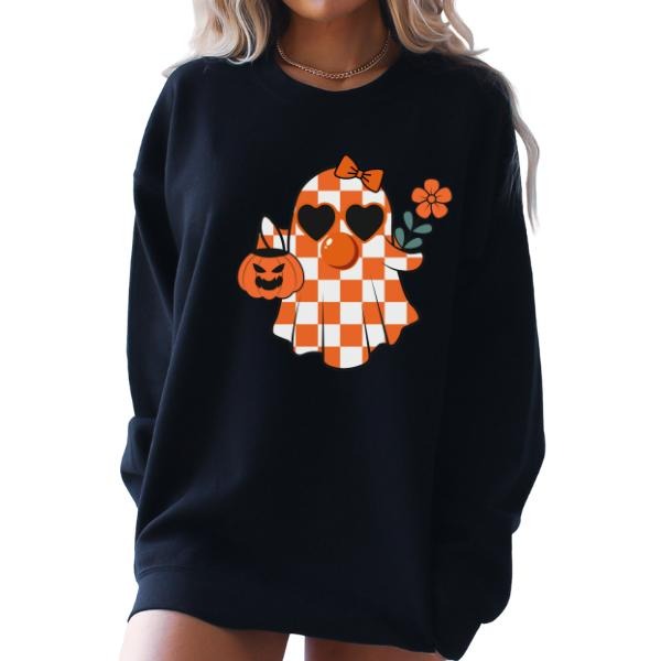 Cute Checkered Orange Ghost Bubblegum Long Sleeve Colorful & Cutesy Sizes S 5XL Halloween Inspired Cozy T-Shirts, Hoodie, Sweatshirt - T-Shirt, Sweatshirt, Hoodie