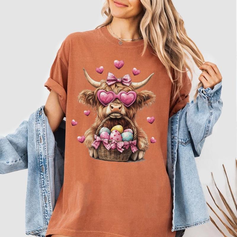 Cute Easter Highland Cow Shirt Bunny Egg Basket Heart Glasses Cow Spring Farm Animal Shirt T-Shirts, Hoodie, Sweatshirt - T-Shirt, Sweatshirt, Hoodie