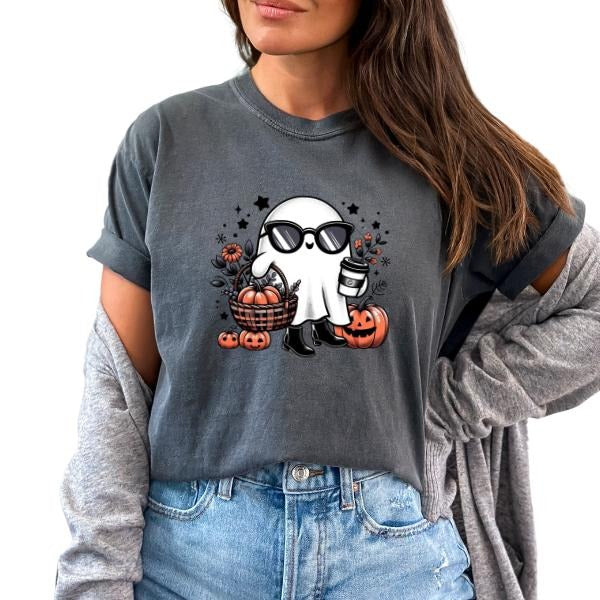 Cute Ghost Glass Coffee Pumpkin & Fall Leaves Shirt Short Sleeve Halloween Shirt Casual Halloween Pumpkin T-Shirts, Hoodie, Sweatshirt - T-Shirt, Sweatshirt, Hoodie
