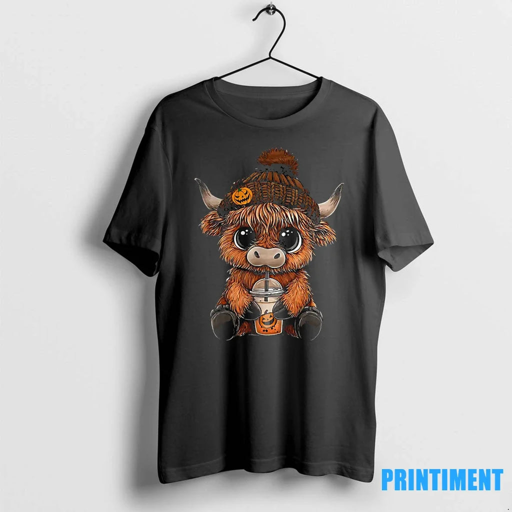 Cute Highland Cow Hat Pumpkin Drink Coffee Lover Halloween Tshirts Sweater Unisex T-shirt, Sweatshirt, Hoodie, Long Sleeve Tee - T-Shirt, Sweatshirt, Hoodie