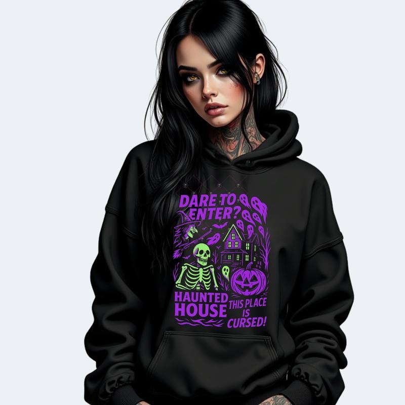 DARE ENTER HALLOWEEN SPOOKY Long Sleeve Casual Poly Cotton Blend Fit Top Gothic Womenswear Comfy Statement T-Shirts, Hoodie, Sweatshirt - T-Shirt, Sweatshirt, Hoodie