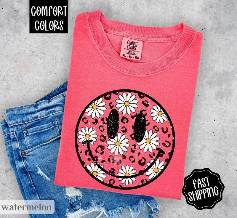 Daisy Floral Happy Face Shirt Comfort Colors Summer Floral Shirt Shirt Swimsuit Cover T-Shirts, Hoodie, Sweatshirt - T-Shirt, Sweatshirt, Hoodie