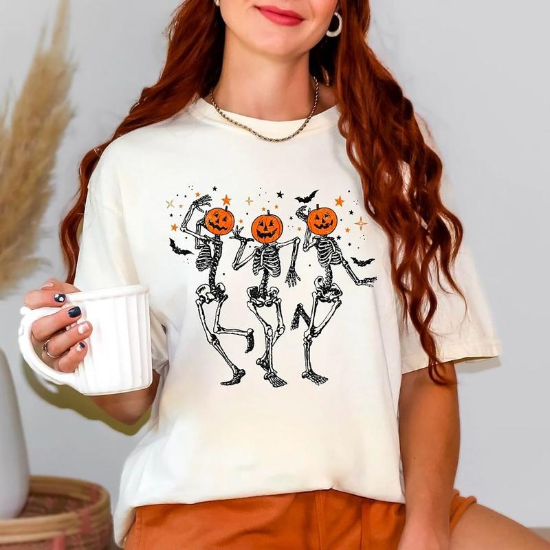 Dancing Skeleton Pumpkin Retro Halloween Cotton Fabric Funny Fall Halloween Party Shirt Spooky Season Skeleton Shirt T-Shirts, Hoodie, Sweatshirt - T-Shirt, Sweatshirt, Hoodie