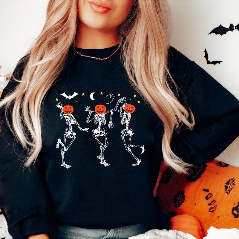 Dancing Skeleton Matching Pumpkin Halloween Party Fall Woman Spooky Season Long Sleeve T-Shirts, Hoodie, Sweatshirt - T-Shirt, Sweatshirt, Hoodie