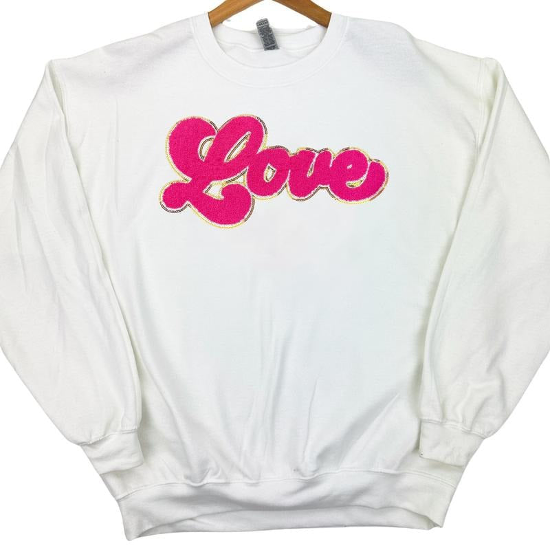 Dark Pink Chenille Love Patch White T-Shirts, Hoodie, Sweatshirt - T-Shirt, Sweatshirt, Hoodie