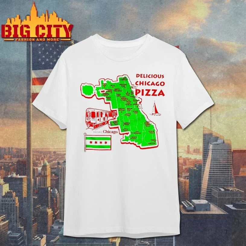 Delicious Chicago Pizza across historic shirt Unisex T-shirt, Sweatshirt, Hoodie, Long Sleeve Tee - T-Shirt, Sweatshirt, Hoodie