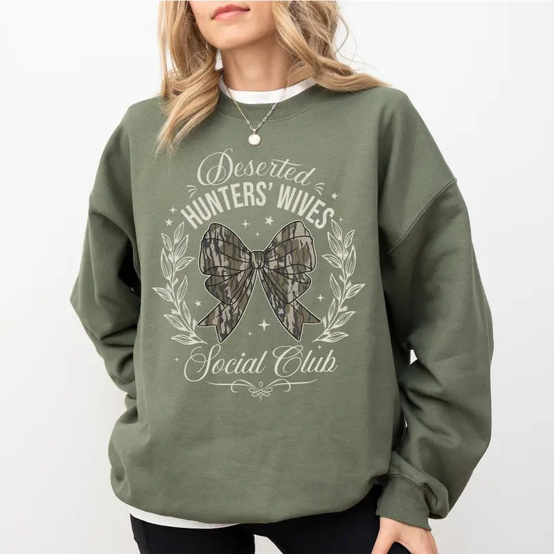 Deserted Hunters Wives Social Club Camo Hunting Coquette Bow Wife Camouflage Bow Hunting Wife Long Sleeve T-Shirts, Hoodie, Sweatshirt - T-Shirt, Sweatshirt, Hoodie