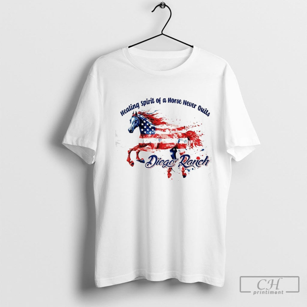 Diego Ranch Healing Spirit Of A Horse Never Quits Usa Horse Shirt Sweater Unisex T-shirt, Sweatshirt, Hoodie, Long Sleeve Tee - T-Shirt, Sweatshirt, Hoodie