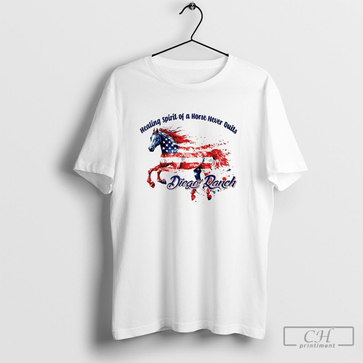Diego Ranch Healing Spirit Of A Horse Never Quits Horse With The American Flag Unisex T-shirt, Sweatshirt, Hoodie, Long Sleeve Tee - T-Shirt, Sweatshirt, Hoodie