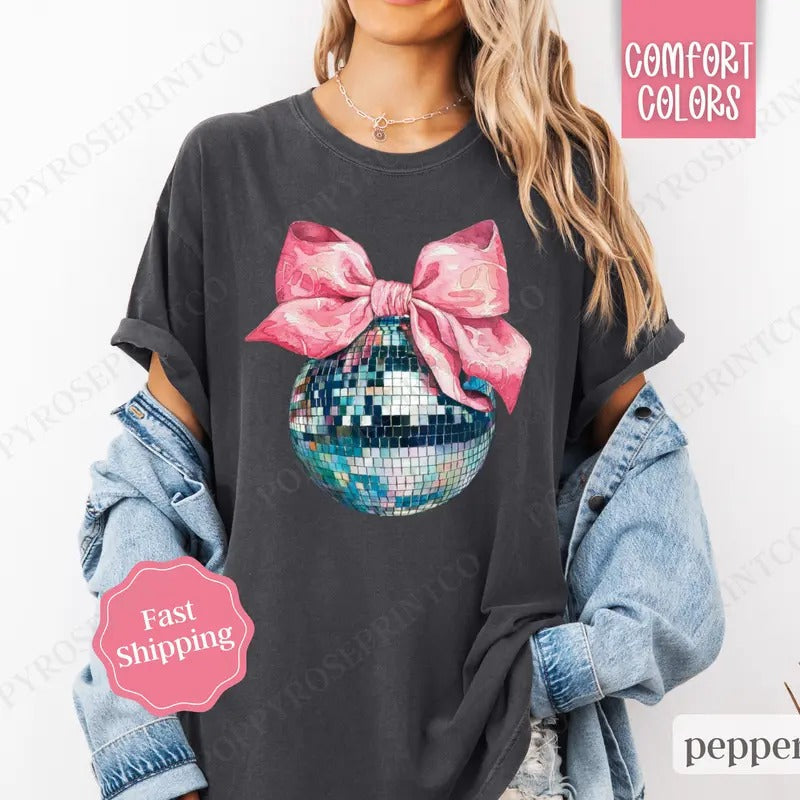 Disco Ball Bow Shirt Comfort Colors New Year'S 2025 NYE T-Shirts, Hoodie, Sweatshirt - T-Shirt, Sweatshirt, Hoodie