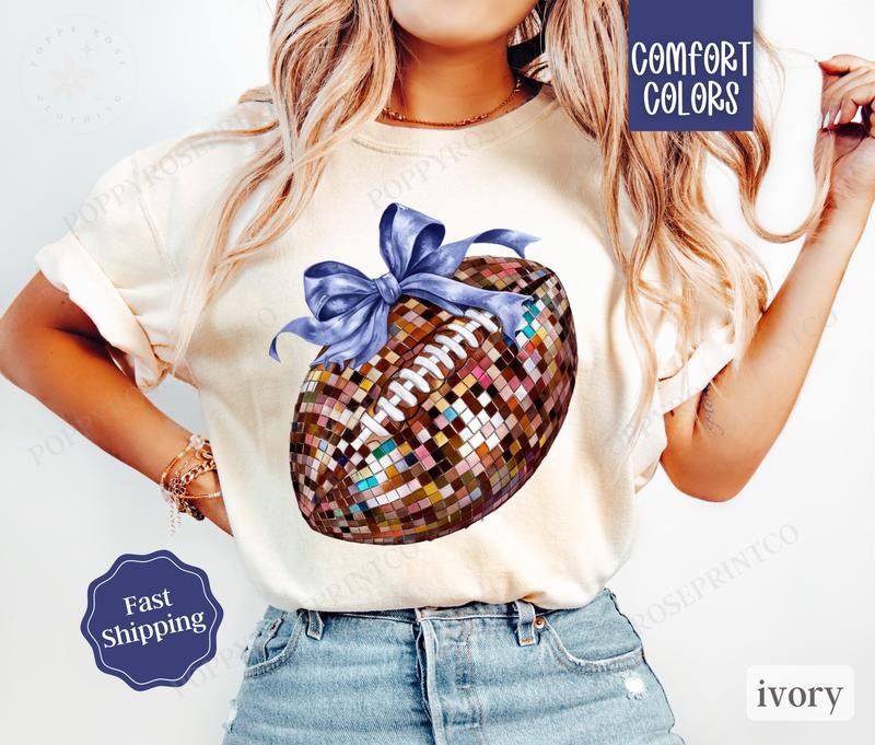 Disco Football Bow Shirt Comfort Colors Game Day Football Womenswear Coquette T-Shirts, Hoodie, Sweatshirt - T-Shirt, Sweatshirt, Hoodie