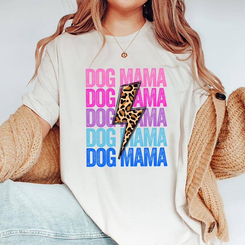 Dog Mama Shirt Cute Dog Mom Dog Lovers Retro Leopard Lightning Shirt Cotton Fabric Dog Mom Printed Tops Womenswear Comfort Fit T-Shirts, Hoodie, Sweatshirt - T-Shirt, Sweatshirt, Hoodie