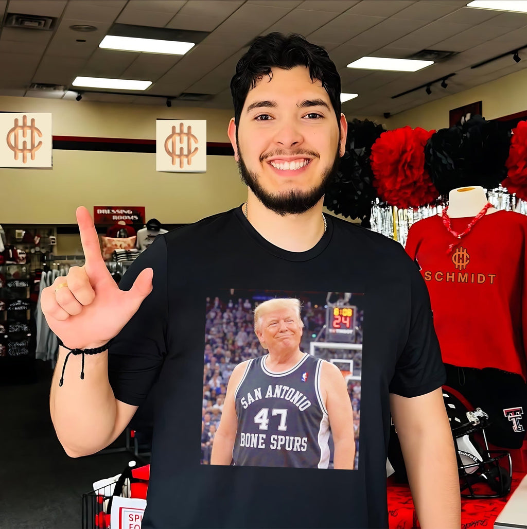 Donald Trump wearing San Antonio Spurs jersey Bone Spurs shirt Unisex T-shirt, Sweatshirt, Hoodie, Long Sleeve Tee - T-Shirt, Sweatshirt, Hoodie