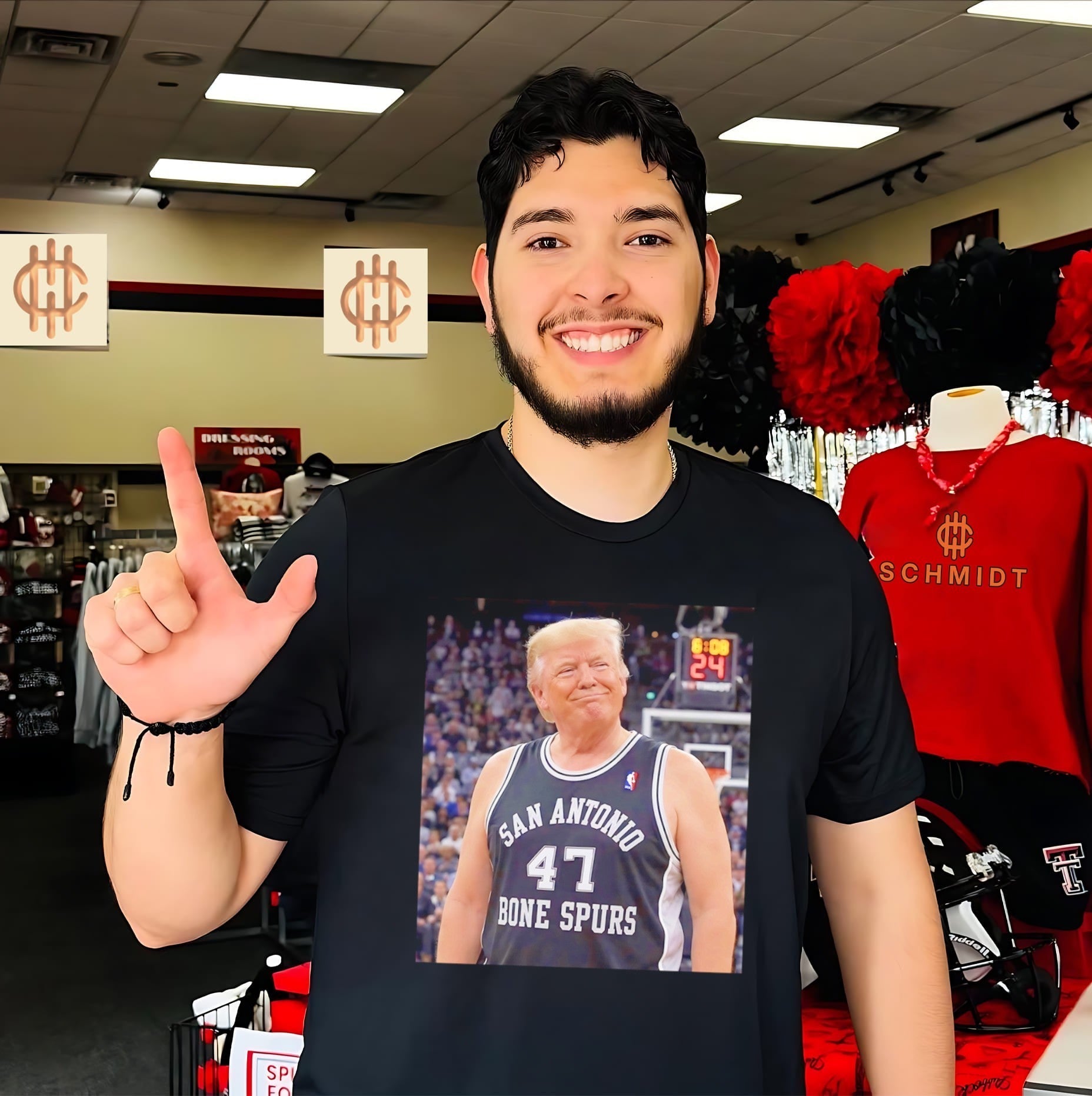 Donald Trump wearing San Antonio Spurs jersey Bone Spurs shirt Unisex T-shirt, Sweatshirt, Hoodie, Long Sleeve Tee - T-Shirt, Sweatshirt, Hoodie