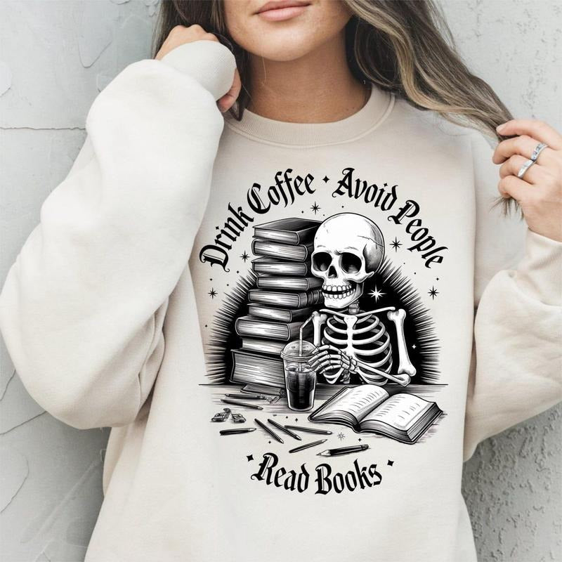 Drink Coffee Avoid People Read Books Shirt Skeleton Tbr Books Coffee Sublimation SSticker T-Shirts, Hoodie, Sweatshirt - T-Shirt, Sweatshirt, Hoodie