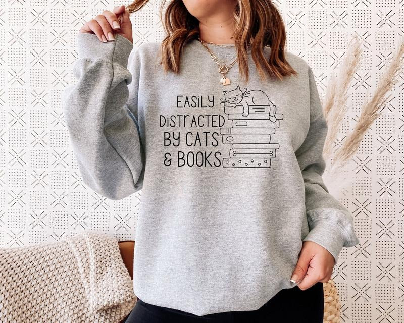 Easily Distracted Cats Books Cat Book Bookish Funny Sayings Shirt Cat Cat Lover Book Lover Shirt T-Shirts, Hoodie, Sweatshirt - T-Shirt, Sweatshirt, Hoodie