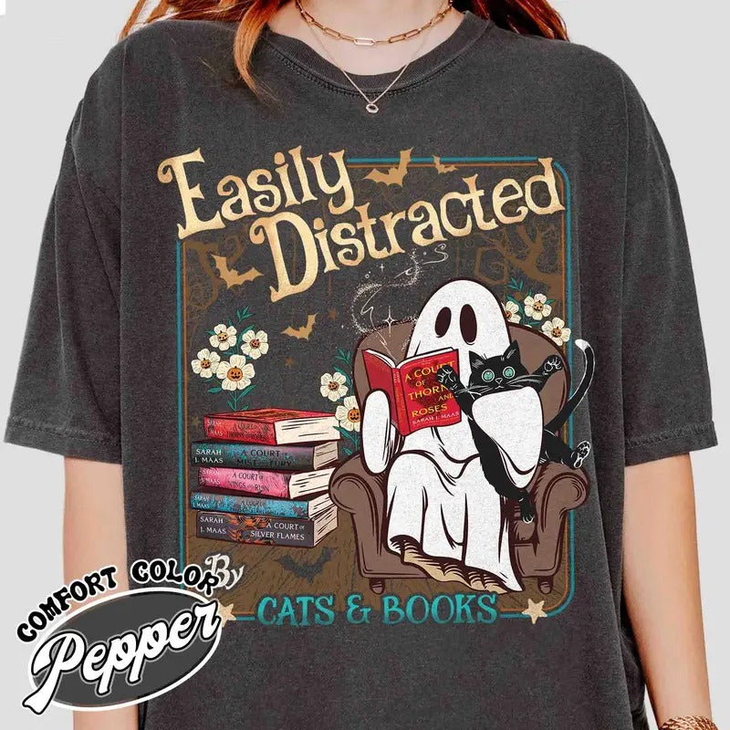 Easily Distracted Cats Books Shirt Books Black Cats Shirt Ghost Reading Books Shirt Halloween Little Ghost Shirt Book Lover Ghost T-Shirts, Hoodie, Sweatshirt - T-Shirt, Sweatshirt, Hoodie