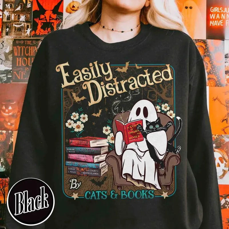Easily Distracted Cats Books Books Black Cats Shirt Ghost Reading Books Shirt Halloween Little Ghost Shirt Book Lover Ghost T-Shirts, Hoodie, Sweatshirt - T-Shirt, Sweatshirt, Hoodie