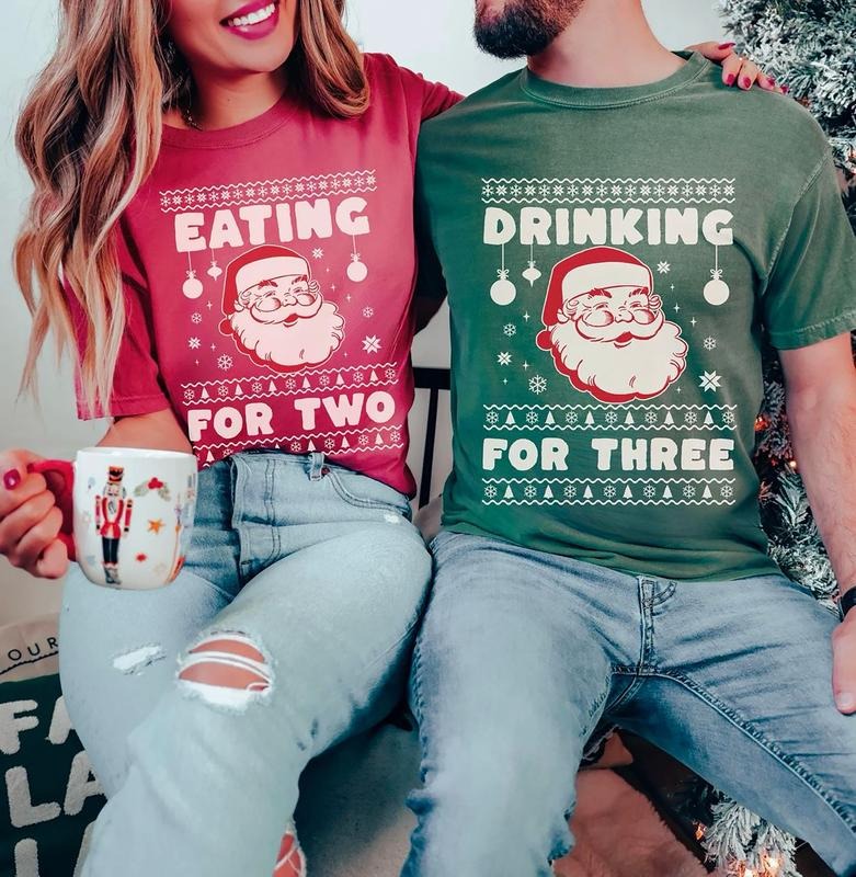 Eating Two Couple Shirt Drinking Two Pregnancy Announcement Shirt Baby Reveal Matching Parents Xmas Pregnant Mom Shirt Parents Be New Mom New Dad Shirt T-Shirts, Hoodie, Sweatshirt - T-Shirt, Sweatshirt, Hoodie