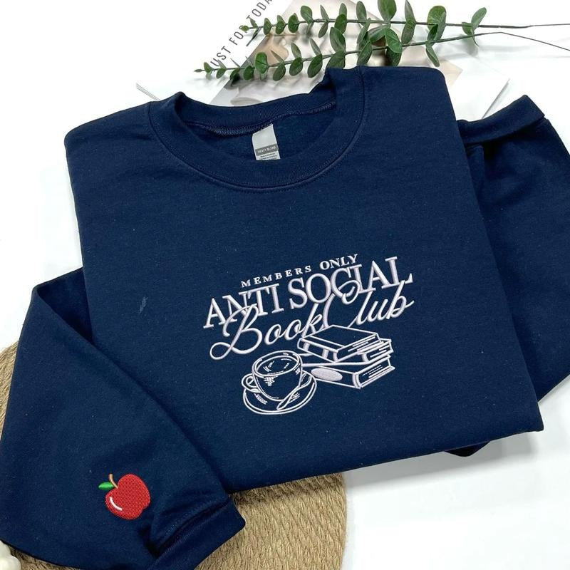 Embroidered Anti Social Book Club Bookish Shirt Book Lover Booktok Social Book Shirt T-Shirts, Hoodie, Sweatshirt - T-Shirt, Sweatshirt, Hoodie
