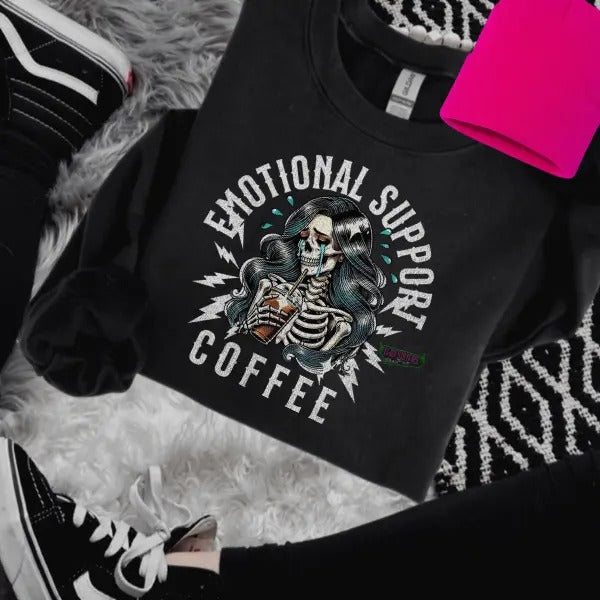 Emotional Support Coffee Skeleton Black Casual Skull Grunge Goth Comfortable Cotton Fit Streetwear Tops T-Shirts, Hoodie, Sweatshirt - T-Shirt, Sweatshirt, Hoodie