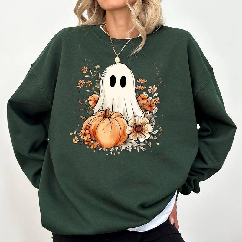 Fall Autumn Ghost Halloween Spooky Ghost Halloween Ghost Vintage Halloween Comfy Long Sleeve Cute Tops Fall Winter Casual Womenswear Comfort Cotton Fabric Relaxed Top T-Shirts, Hoodie, Sweatshirt - T-Shirt, Sweatshirt, Hoodie