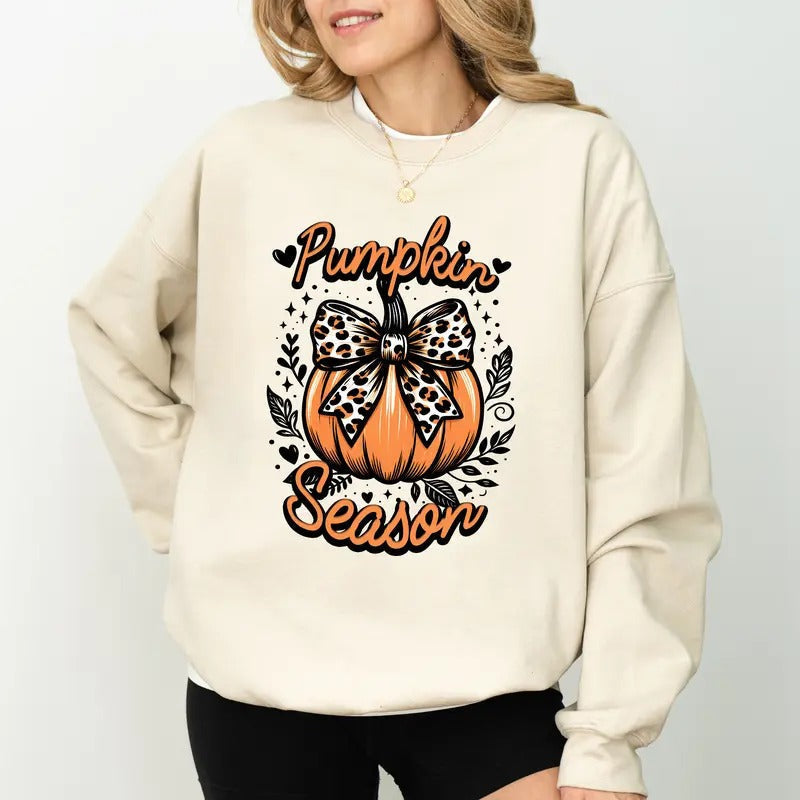 Fall Pumpkin Season Coquette Bow Pumpkin Leopard Bow Pumpkin Spooky Season Tops Halloween Party Outfits Long Sleeve Fall Tops Casual Womenswear Unhinged Fabric Cotton Top T-Shirts, Hoodie, Sweatshirt - T-Shirt, Sweatshirt, Hoodie
