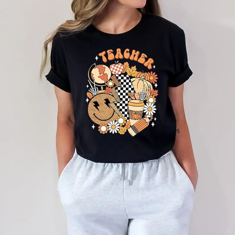 Fall Teacher Shirt Retro Fall Teacher Back School Shirt Autumn Shirt Retro Smiley Teacher Shirt Teacher Things T-Shirts, Hoodie, Sweatshirt - T-Shirt, Sweatshirt, Hoodie